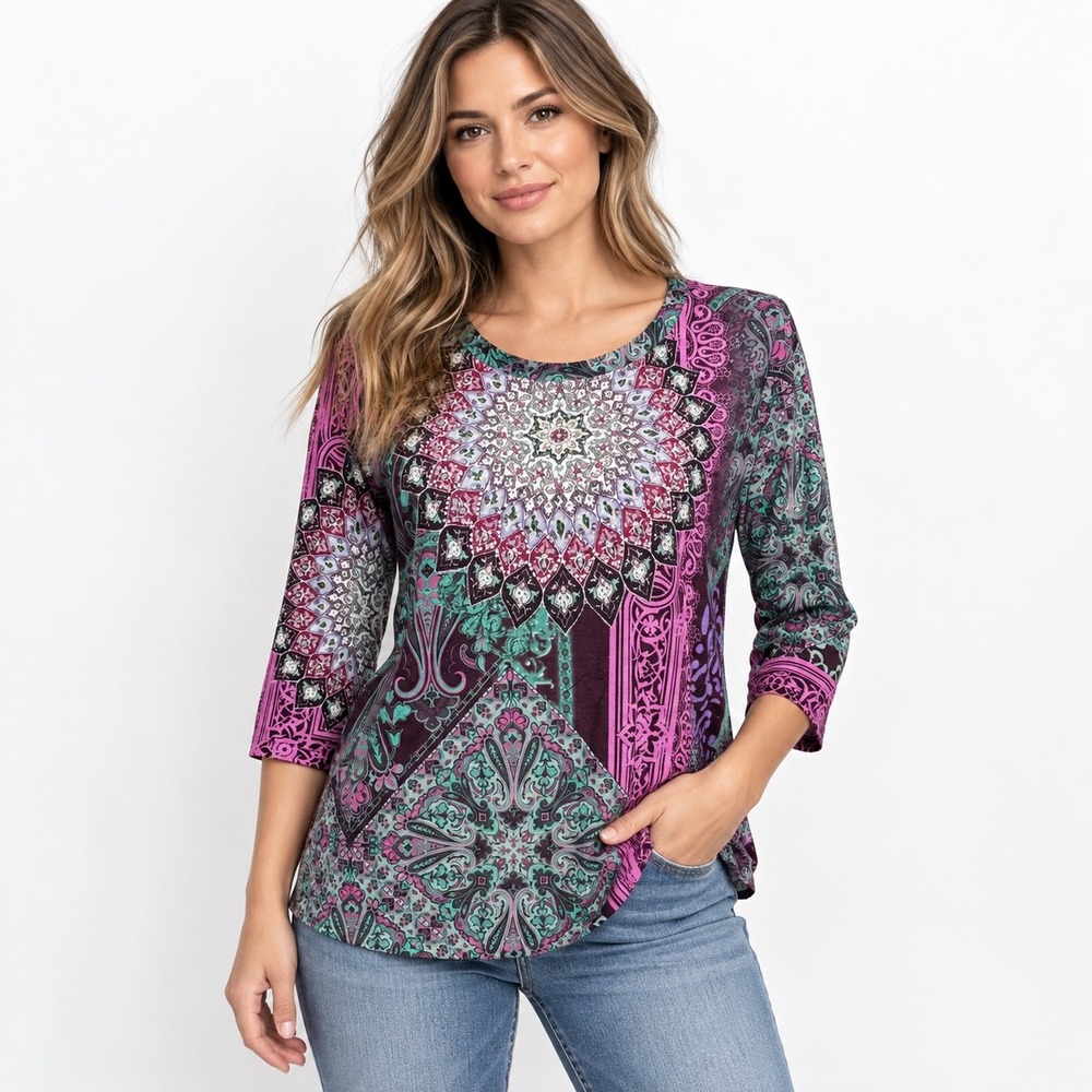 Christopher & Banks Top Size M Purple Teal Paisley Medallion 3/4 Sleeve Knit